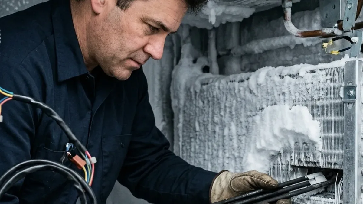 Technician working on a frosted Sub-Zero freezer coil during a Cave Creek freezer repair