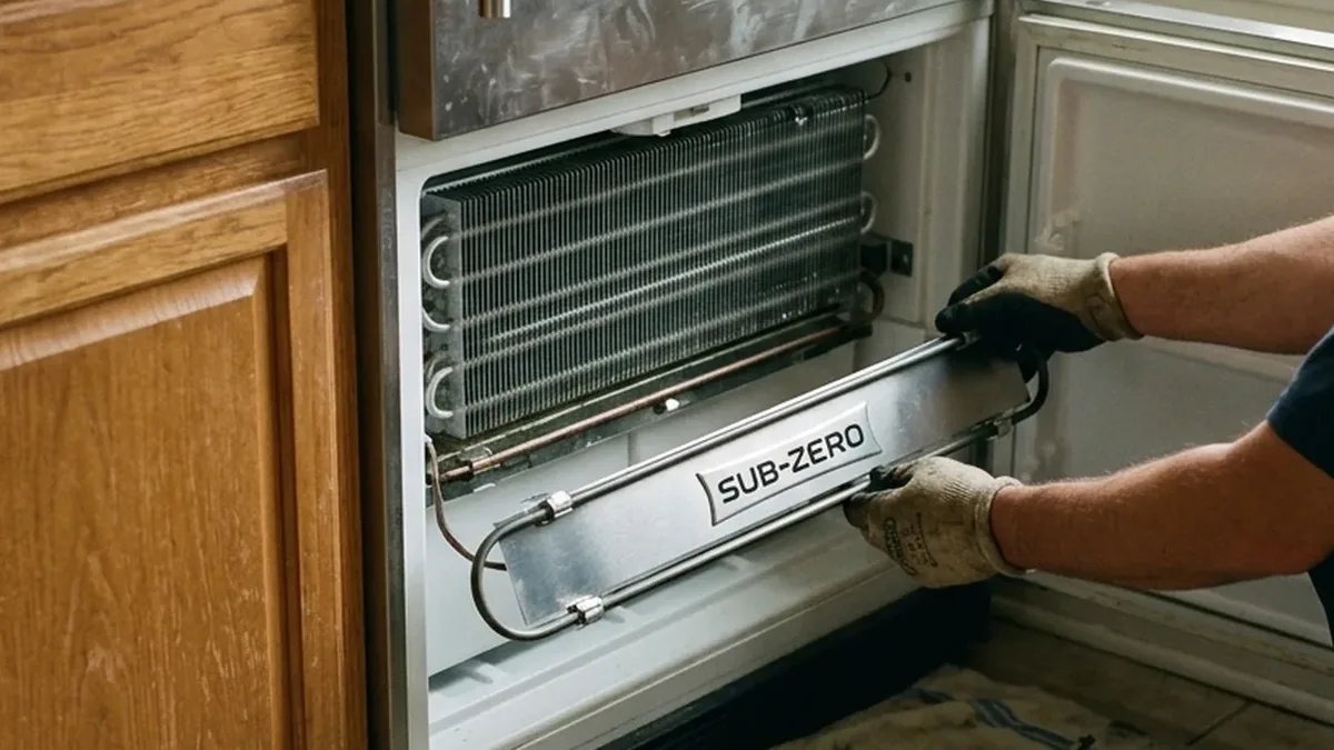 Technician fitting a new defrost heater inside a built-in Sub-Zero during a Scottsdale Ranch repair