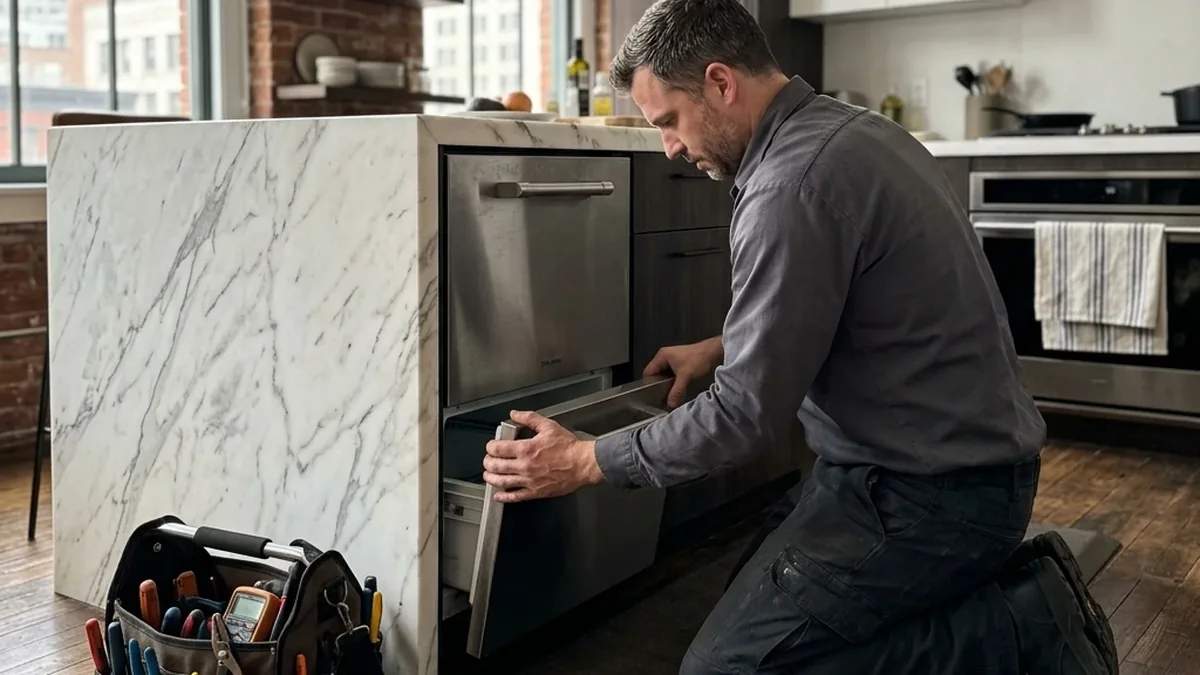 Technician pulling out an undercounter Sub-Zero refrigerator drawer for repair in a Carefree home
