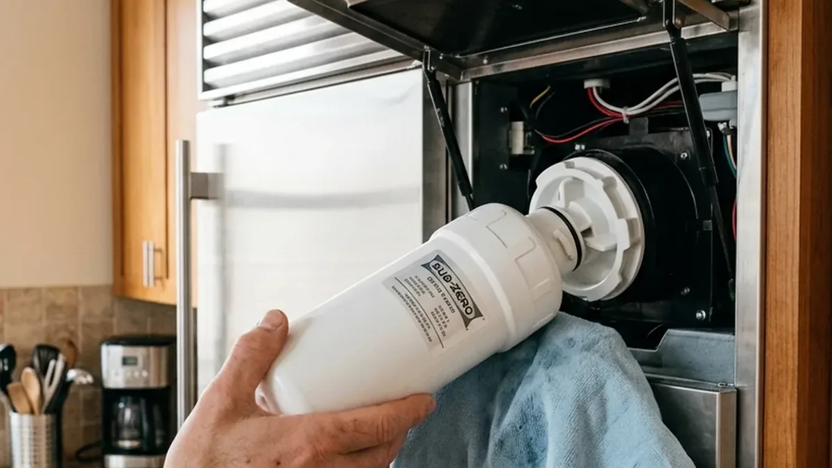 Technician installing a new Sub-Zero water filter cartridge
